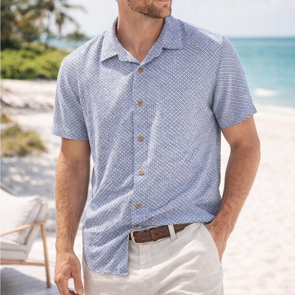 Union Sea//Wa Blue Geo Print Button Up Small Rayon Coastal Summer Shirt